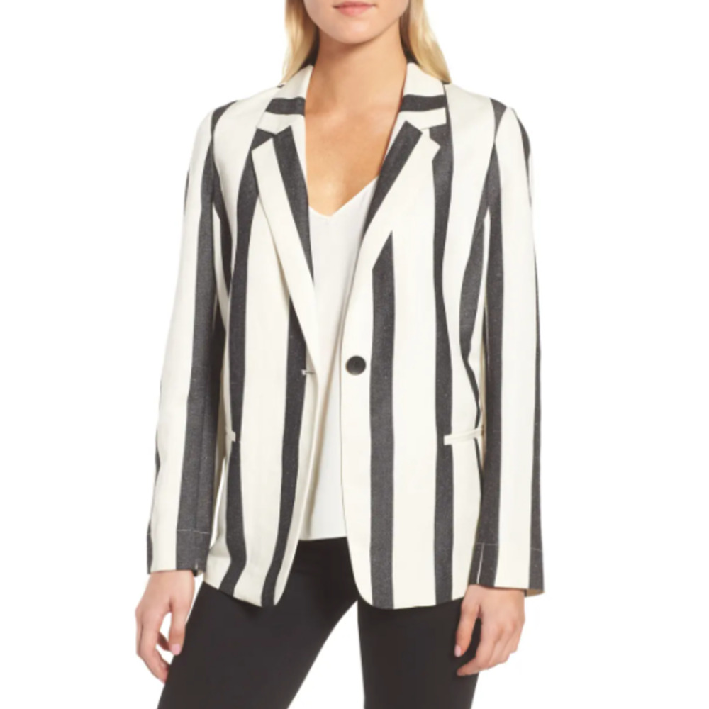 Trouve Stripe Button Front Linen Blend Blazer